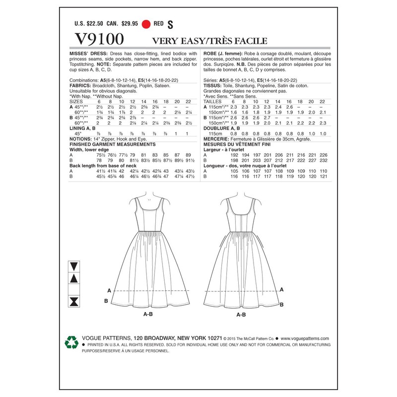 VOGUE PATTERNS 9100 A5,Misses Dress,Sizes 6-8-10-12-14, Broadcloth, Multi/Colour
