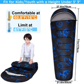 FIOBEE Kids Sleeping Bag for Girls Boys 3 Season Warm & Cool Weather Youth Camping Sleeping Bags with Backpacking Bag Waterproof for Traveling Hiking Indoor Outdoor Camping Essentials, Black Animals