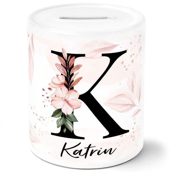 SpecialMe® Money Box for Children Personalised with Name and Monogram Gift Girls Ceramic Floral White Money Box
