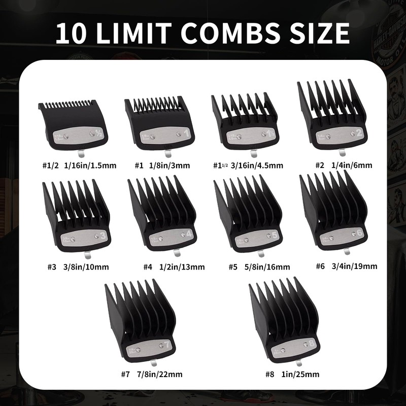 10-Piece Clipper Guard Set, Black Professional Clipper Guard Set Compatible