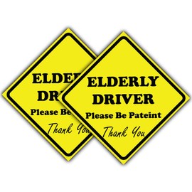 2-Pack "Elderly Driver: Please Be Patient, Thank You" Yellow Car Window & Bumper Sticker (100mm x 100mm) - Elderly Driving Aid Car Sticker