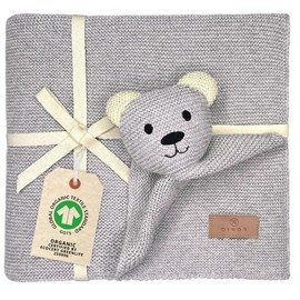 DIKOS® Original Baby Blanket Cuddly Bear Light Grey 100% GOTS Organic Cotton Newborn Blanket with Cuddly Toy Cuddly Blanket Knitted Blanket First Equipment Baby Girl/Boy Gift for Birth