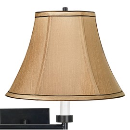 Modern Swing Arm Adjustable Wall Lamp Black Plug-In Light Fixture Dimmable Brown Trim Tan Fabric Bell Shade for Bedroom Bedside House Reading Living Room Home Hallway Dining - Franklin Iron Works