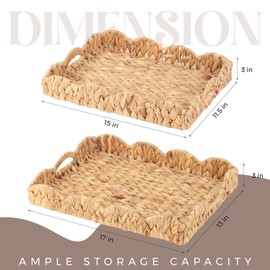 Scalloped Basket, Scalloped Tray, Water Hyacinth Tray(17 x 13 x 3in) with Scalloped Edge and Built-in Handles, Rectangle Serving Tray/Woven Tray/Basket Tray/Seagrass Tray (Water Hyacinth - 2 PCS)