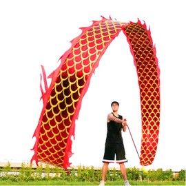DSJUGGLING 3D Dragon Poi with 340g Weighted Ball & 1.1 Meters Swing Rope - Silk Flowy Shaking & Flinging Chinese Golden Dragon Ribbon Streamer + Travel Bag! (6 Meters (19.6 FT), Golden Red Dragon)