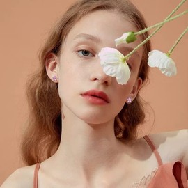 Cute Flower Tiny Small Stud Earrings 925 Sterling Silver Crystal Cubic Zirconia Pink Cherry Blossom Floral Cartilage Tragus Hypoallergenic Pierced Sleeper Studs Earring Dainty Jewelry for Women Teen