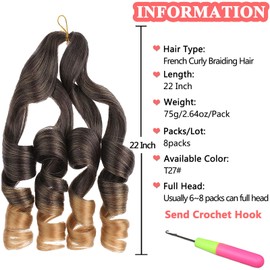 Xtrend 8 Packs Pre Stretched Loose Wave Bouncy Braiding Hair 22 Inch French Curly Braiding Hair Yaki Texture For Box Braids Women Synthetic Crochet Braids Hair Extensions（22 Inch,T27#）