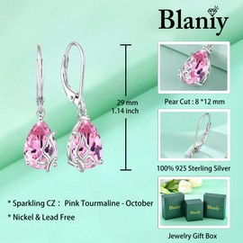 Blaniy Teardrop Dangle Drop Earrings for Women 925 Sterling Silver Pink Tourmaline October Birthstone Earrings Butterfly Leverback Earrings Jewelry Gifts for Mom Wife Her