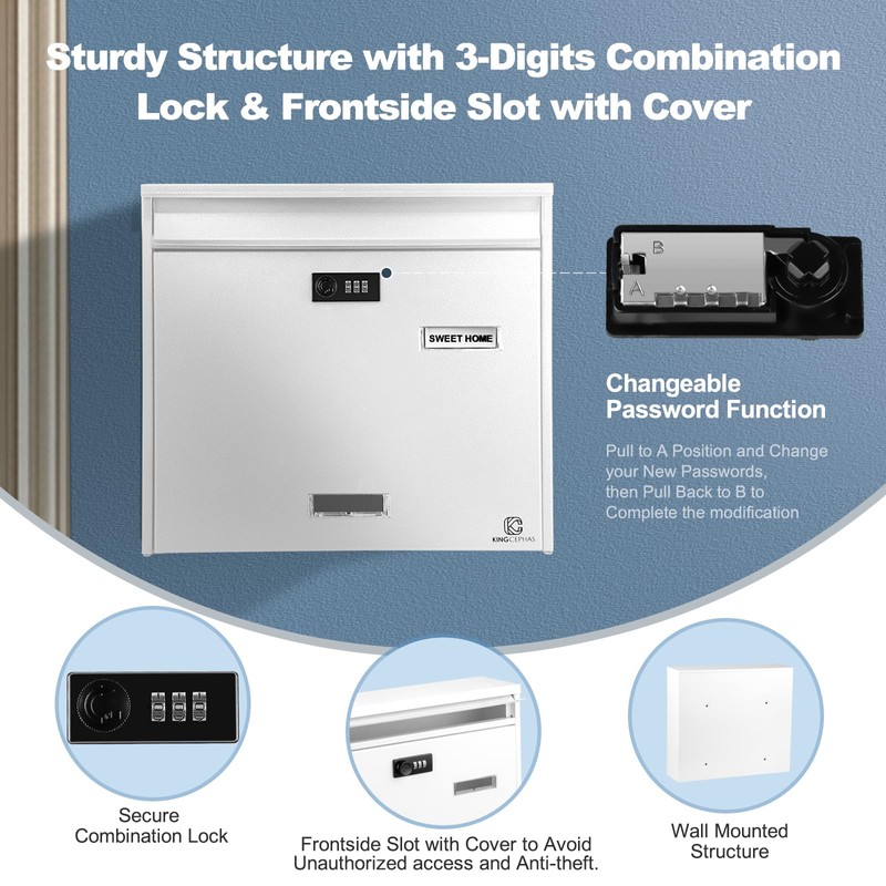 KINGCEPHAS Outside Wall-Mounted Mailbox with Combination Lock, Large Capacity, Wall