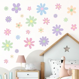 12 Sheets Daisy Wall Decals Boho Flower Wall Stickers Cute Kids Girls Room Decor Peel and Stick Floral Decals Toddler Nursery Playroom Living Room Bedroom Classroom Retro Hippie Decor Pastel Style