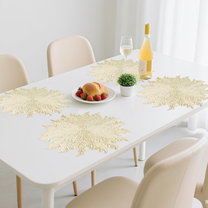 Gold Placemats Set of 6 Flower Pressed Vinyl Place Mats