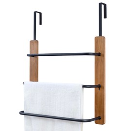 MyGift Over The Door Towel Rack for Bathroom, Rustic Solid Burnt Wood Towel Storage Organizer, 3 Tier Matte Black Metal Towel Bar, Space Saving Bathroom Door Hanging Towel Holder