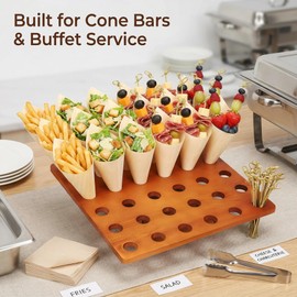 36 Slot Wooden Cone Holder Stand with 100 Cones & 100 Picks, 13 x 13 Appetizer & Dessert Cone Display for Catering Buffets, Charcuterie Cone Bar, Parties & Food Trucks