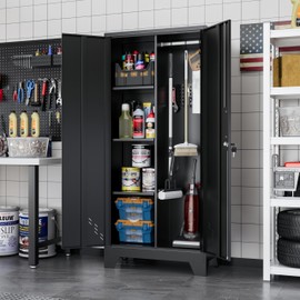YILFANA 61" H Broom Closet Cabinet, Metal Storage Cabinet with Lockable Doors and Pegboard, Utility Closet for Brooms and Mops, Tool Cabinets for Home Office, Laundry Room, Garage, Workshop