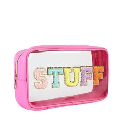Chenille Letter Cosmetic Bag Nylon PVC Makeup Patch Travel Zipper Multi Purpose Toiletry Organizer for Women (Pink, 25 * 14 * 7cm)