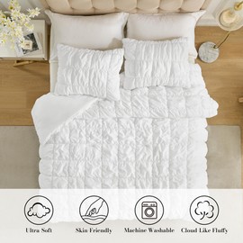 Amélie Home White Comforter Set Queen, Bubble Lightweight Bed Set Queen Size for All Seasons, 3 Pieces, Bedding Set with Comforters and Pillow Cases