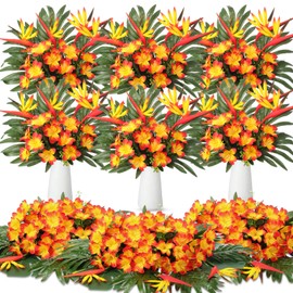 Hotop 8 Set/ 32 Pcs Artificial Tropical Flower Bouquets Bulk for Hawaii Centerpieces Bird of Paradise Lily Bouquet Permanent Flower Tropical Plant Party Office Home Decor (Sunset Red)