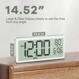 JALL 14.5" Large Digital Wall Clock Battery Operated with Big Digits LCD Display, Day, Date, Alarm, Auto DST, Temperature for Living Room, Bedroom, Desk, Mounted, Gift for Elderly (White, 14.5'')