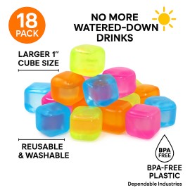 Dependable Industries Inc. Essentials 18-Pack Reusable Ice Cubes – 1" Square BPA-Free Multicolor Chilling Cubes