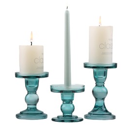 GMWD 3 Pcs Glass Candle Holder Set Clear, Green Candlesticks Holders Pillar Taper Candles Tealight Stand for Wedding Centerpieces Home Decorations Dining Table