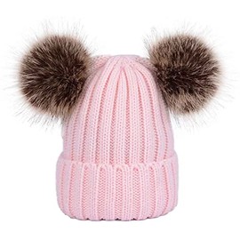 Winter Knitted Beanie Hat Soft Warm Wool Hat with Double Removable Faux Fur Pom Poms Pink