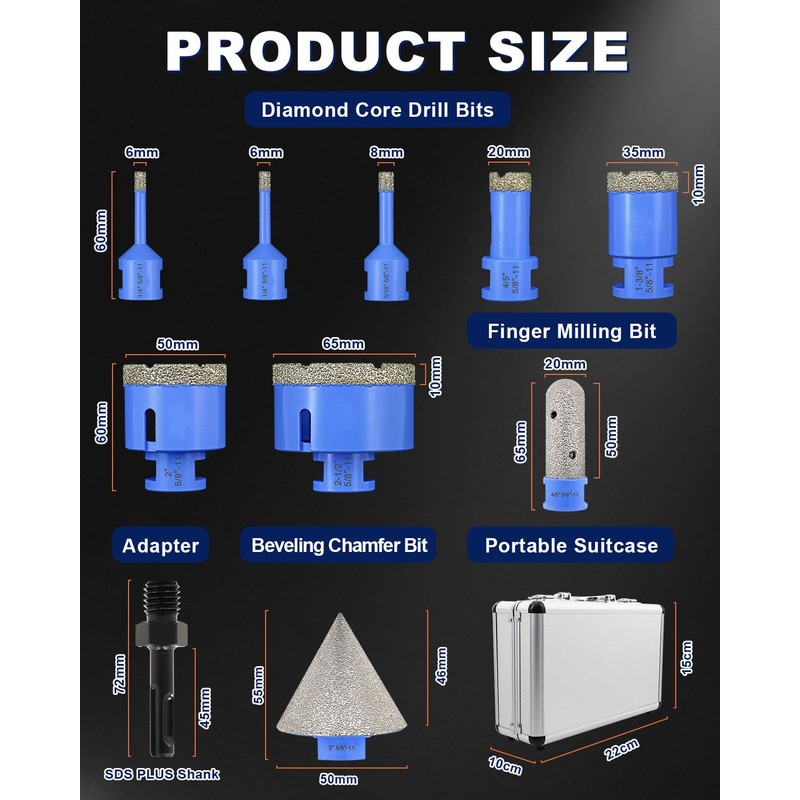 Diamond Tile Hole Saw Kit - 10Pcs 1/4'' X 2,