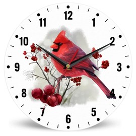 SPUNKER Wall Clock,Red Cardinal Bird Wall Clocks for Living Room Decor,Watercolor Berry Kitchen Clocks Wall Battery Operated - 10 Inch Round Bathroom Wall Clock Silent Non-Ticking