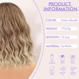 Kafangu Ombre Blonde Wig for Women Short Wavy Bob wigs 12 inch Synthetic Curly Wig Middle Part Heat Resistant Fiber for Daily Party Cosplay Use