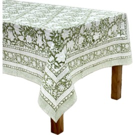 ATOSII Noori Green 100% Cotton Tablecloth, Block Print Rectangle Table Cover for Dining, Parties, Weddings, Outdoors, Holidays, 60 X 108 Inches, 8 Seater I Grandmillennial Preppy Boho Farmhouse Summer