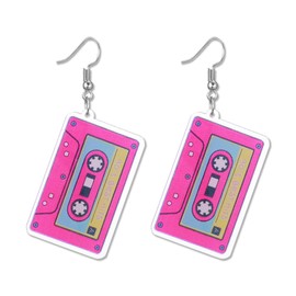 MALOYANVE Cassette Tape Earrings for Women Funny Acrylic Colorful 80s 90s Neon Retro Lightweight Statement Dangle Earrings Cosplay Party Jewelry Gifts Accessories (Pink)