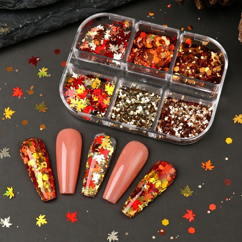 2Boxes Fall Maple Leaf Nail Sequins for Women
