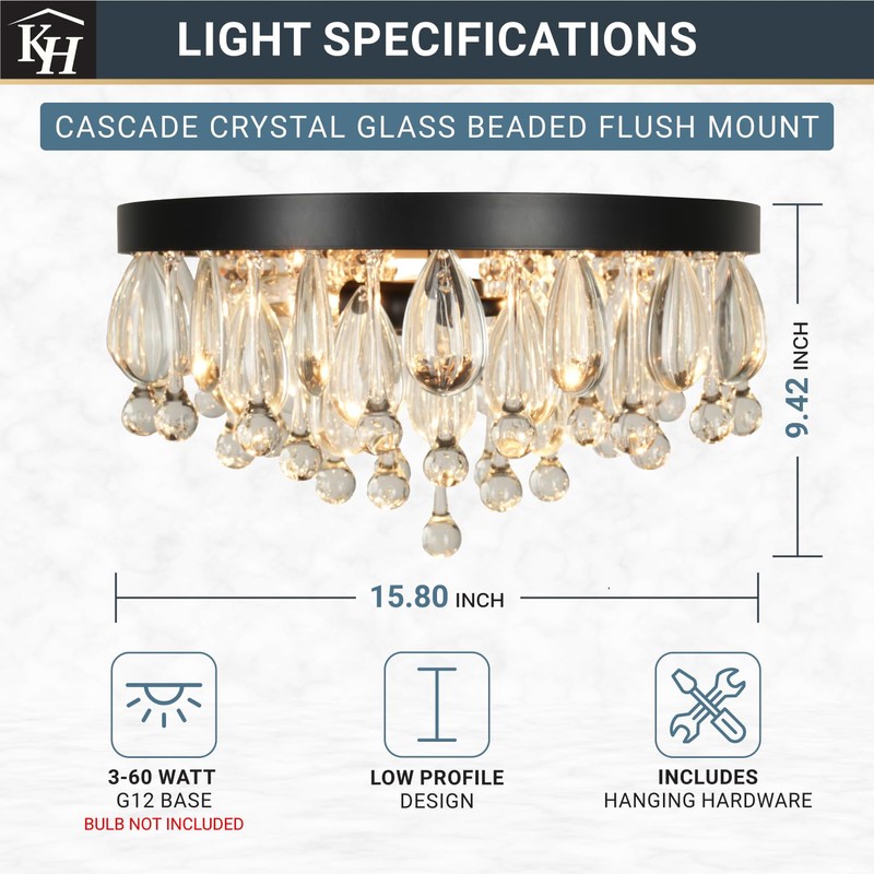 Kenroy Home Cascade Crystal Glass Beaded 3 Light Flush Mount