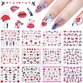 12 Sheets Nail Art Stickers, Kalolary Nail Art Water Transfer Stickers Home Nail Design Manicure Decals with Pattern Hearts Kiss Lips for Women Party Favors DIY Nail Tips Decals