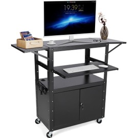 IDEALHOUSE Rolling/Mobile AV Cart with Locking Cabinet, Laptop Stand, and Drop Leaves, Height Adjustable Mobile Utility Cart Workstation with Extra Storage Space, Power Strip