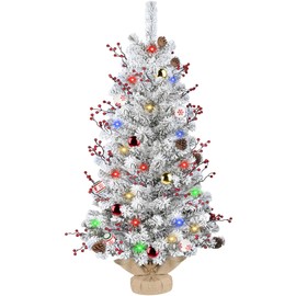 DDHS Christmas Tree 4ft Pre-Lit Snow Flocked Artificial Christmas Trees, Including Spruce, Ornaments Balls, Pine Cones Red Berries, Perfect for Holiday, Easy to Assemble Christmas Tree with 100 Lights