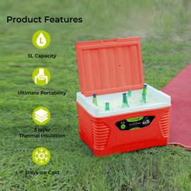 Royalford Insulated Ice Cooler Box – 3 Layer Thermal Insulation Chiller Box – Portable Ice Box, Robust Cool Box for Camping Picnic Food & Drinks Container (Red, 5 L)