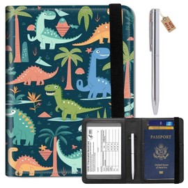 Passport Wallets and Vaccine Card Holder Combo,RFID Blocking Leather Passport Holder Cover Case with CDC Vaccination Card Slot,Travel Documents Organizer Protector+Metal Pen, Colorful Dinosaur