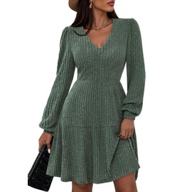 PRETTYGARDEN Womens Sweater Dress 2025 Fall Long Sleeve V Neck A Line Fit and Flare Ribbed Short Dresses Knit Outfits Pockets (Dark Green,Large)