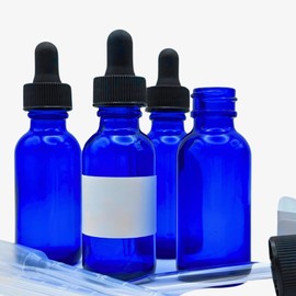 4-pack of 1 oz Cobalt Blue Glass Dropper Bottles with 2 Funnels, 3 Transfer Pipettes, and 4 Writable Labels, for Essential Oils, Tincture, Skincare Use