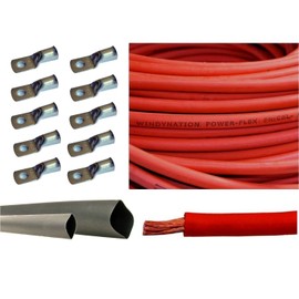 2 Gauge 2 AWG Red 20 Feet Welding Battery Pure Copper Flexible Cable + 10pcs of 3/8" Tinned Copper Cable Lug Terminal Connectors + 3 Feet Black Heat Shrink Tubing