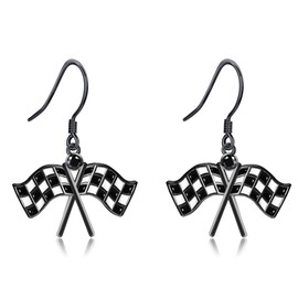Checkered Flag Race Earrings Sterling Silver Black White Checkered Flag Dangle Race Charm Earrings Race Day Jewellery for Women