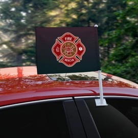Firefighter Fire Rescue Maltese Cross Car Truck Flag with Window Clip On Pole Holder