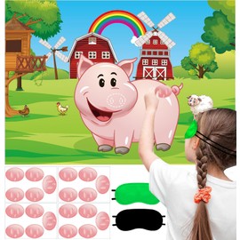 Upgraded, Pig Games for Kids, Pin The Nose, with Large Premium Poster, Reusable Stickers, Eye Mask Accessories, Ideal Farm Pig Theme Birthday Party Decorations, Funny Party Favors