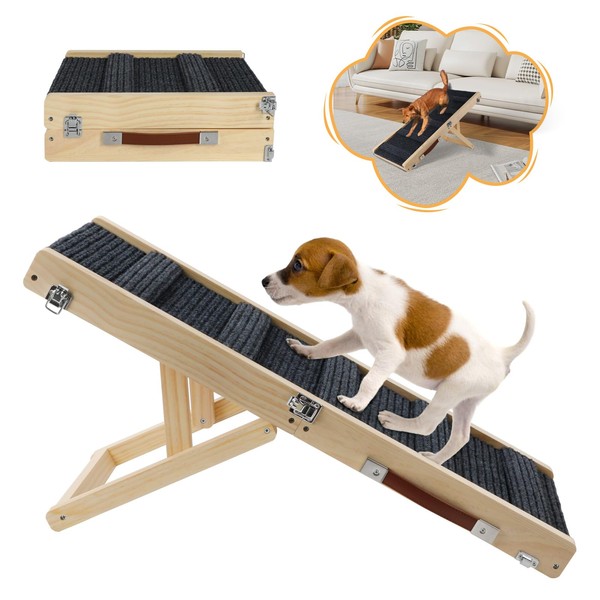 Rypet Wooden Adjustable Dog Ramp for Small Dogs, Folding Portable Doggie Ramp Rated for 55 LBS Adjustable 8.3"-17.3" Dog Ramp for Bed with Non-Slip Traction Mat