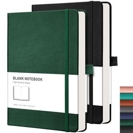 RETTACY Notebook A5 Blank Pack of 2 - 384 Pages Unlined Notebooks with 100gsm Blank Paper, Pen Loop, Inner Pocket, for Sketching School Women Men 14.5 x 21 cm Green