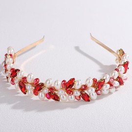 Lenjicons Elegant Rhinestone Pearls Headband Wedding Rhinestone Hair Crown Faux Pearls Hair Tiara Dainty Rhinestones Bead Hairpiece Bridal Hair Accessories for Women (red)