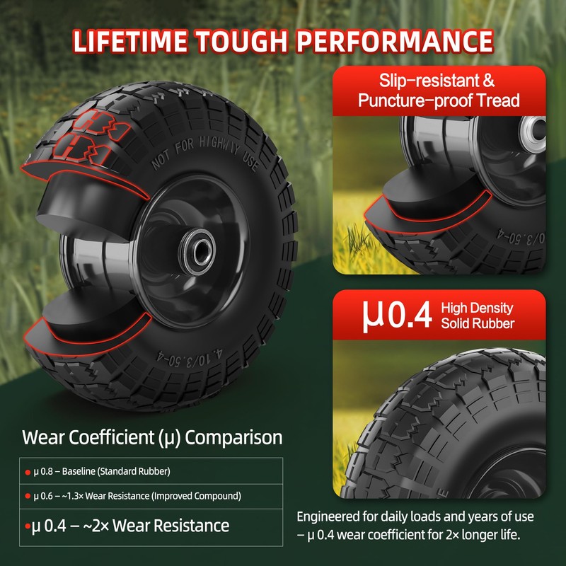 USCaster 4.10/3.50-4 Tire and Wheel Flat Free,10-Inch Solid Wheel Replacement