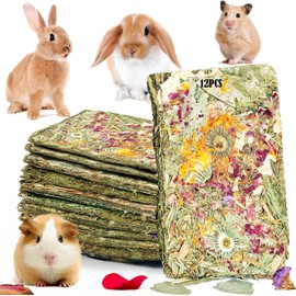 GREMBEB Rabbit Toys 12pcs Bunny Toy Guinea Pig Treats Timothy Hay Chew Toys Chips with Herbal Flowers Hamster Snacks Chinchillas Gerbils for Teeth Apple Sticks Sweet Bamboo