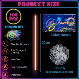 100Pcs Glow Sticks Party Packs with Connectors,20cm Glowsticks,Glow in the Dark Supplies,Long Lasting Glow Stick Necklaces Bracelets Glasses Accessories for Kids Adults Birthday Easter Party Supplies