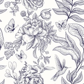 VaryPaper 17.7''x78.7'' Sketch Floral Peel and Stick Wallpaper Butterfly Hummingbird Peony Floral Contact Paper for Cabinets Removable Self Adhesive Vinyl Decorative Wall Paper for Bedroom Nursery